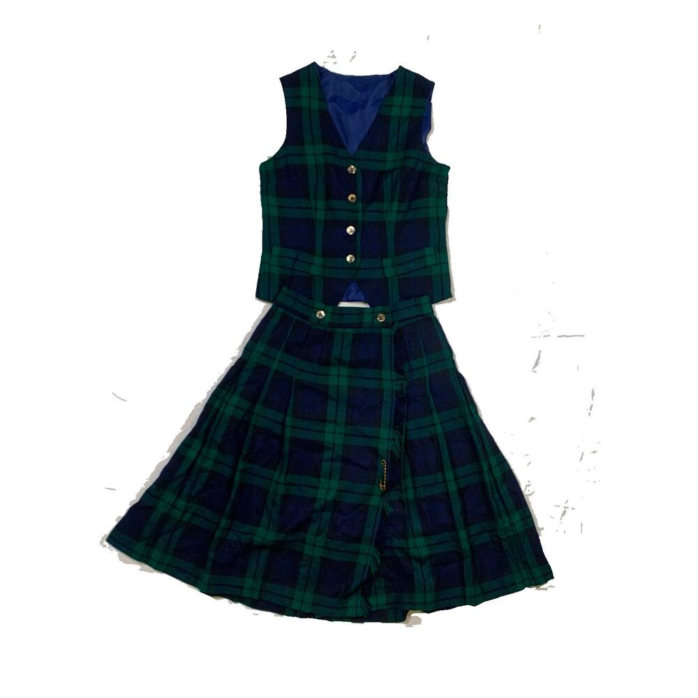 70s Vintage Green Plaid Cottage Core Cozy Plaid Vest Skirt Set Holiday Plaid